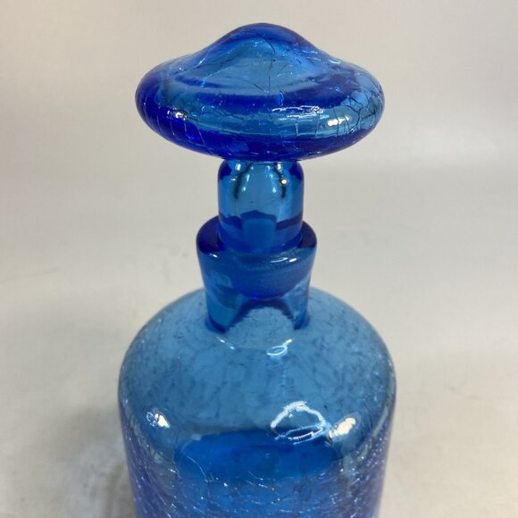 Rainbow Glass Decanter Mushroom Stopper Hand Blown Crackle Glass Blue MCM 7.75 - Picture 6 of 9